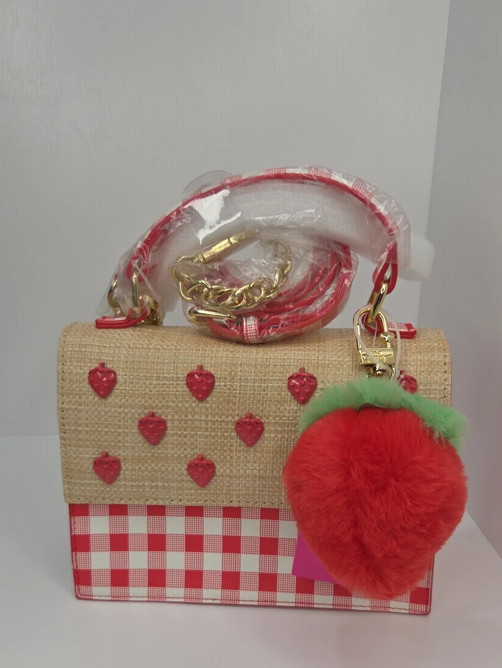 ❤️▪️Betsey Johnson▪️Red & Beige Strawberry Embellished Top-Handle Satchel